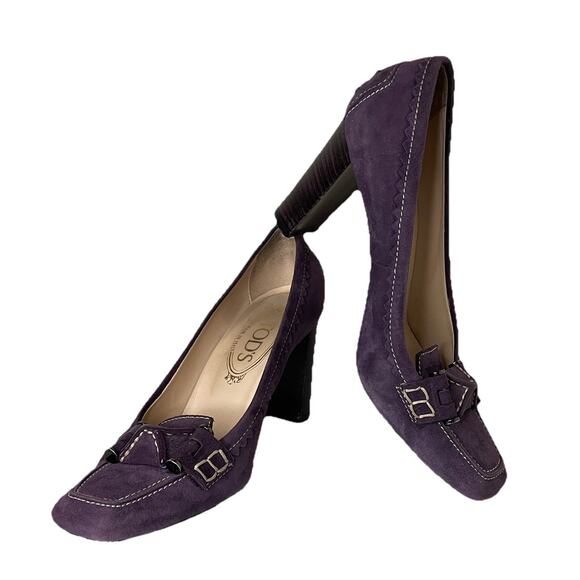 Tod’s Purple Lavender Suede Heeled Loafer Elegant Designer Italian Sz 7 - Picture 1 of 16